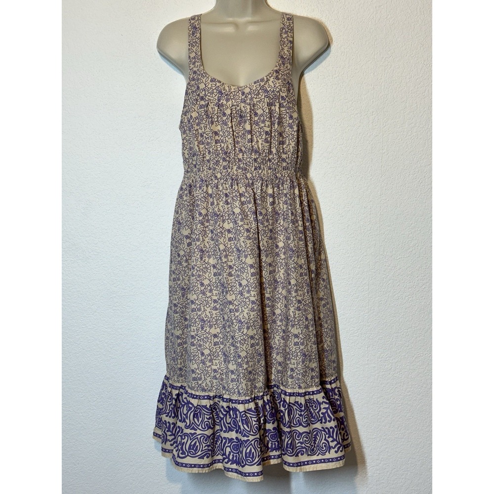 Vintage Dress Size XL Beige Purple Empire Waist Ruffle Boho Cottagecore Picnic